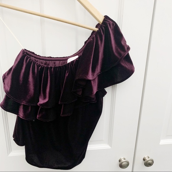 MISA Ruffle One-shoulder Velvet Top In Plum Velvet - Picture 5 of 8